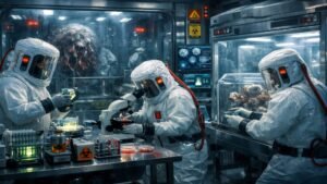 BSL-4 Laboratory का अंदरूनी दृश्य, जहाँ वैज्ञानिक पूर्ण सुरक्षा सूट पहनकर दुनिया के सबसे खतरनाक वायरस पर शोध कर रहे हैं