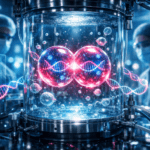 A microscopic high-definition view of a human stem cell dividing inside a laboratory petri dish with futuristic blue and purple glowing neon lights, representing regenerative medicine and longevity technology.