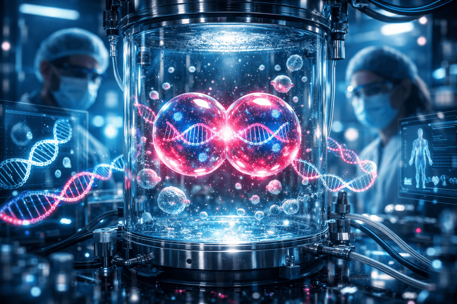 A microscopic high-definition view of a human stem cell dividing inside a laboratory petri dish with futuristic blue and purple glowing neon lights, representing regenerative medicine and longevity technology.