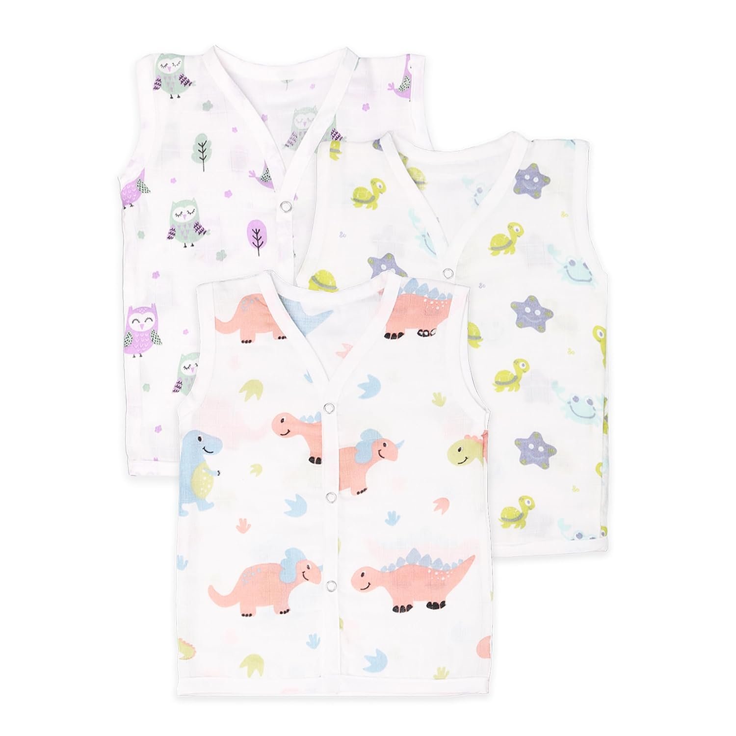 Kidbea Muslin Cotton Baby Jabla Vest | Cute Printed V-Neck, Sleeveless Innerwear for Newborns & Infants
