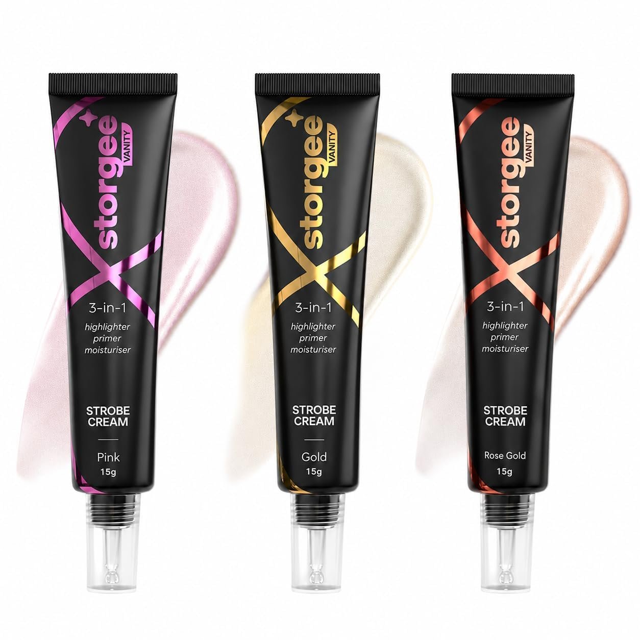 3-in-1 Face Strobe Cream Set of 3 | Highlighter, Primer & Moisturizer for Natural Radiant Glow | Illuminating Makeup Base with Hydrating Finish | Lightweight Glow Cream for Face | 15g Each