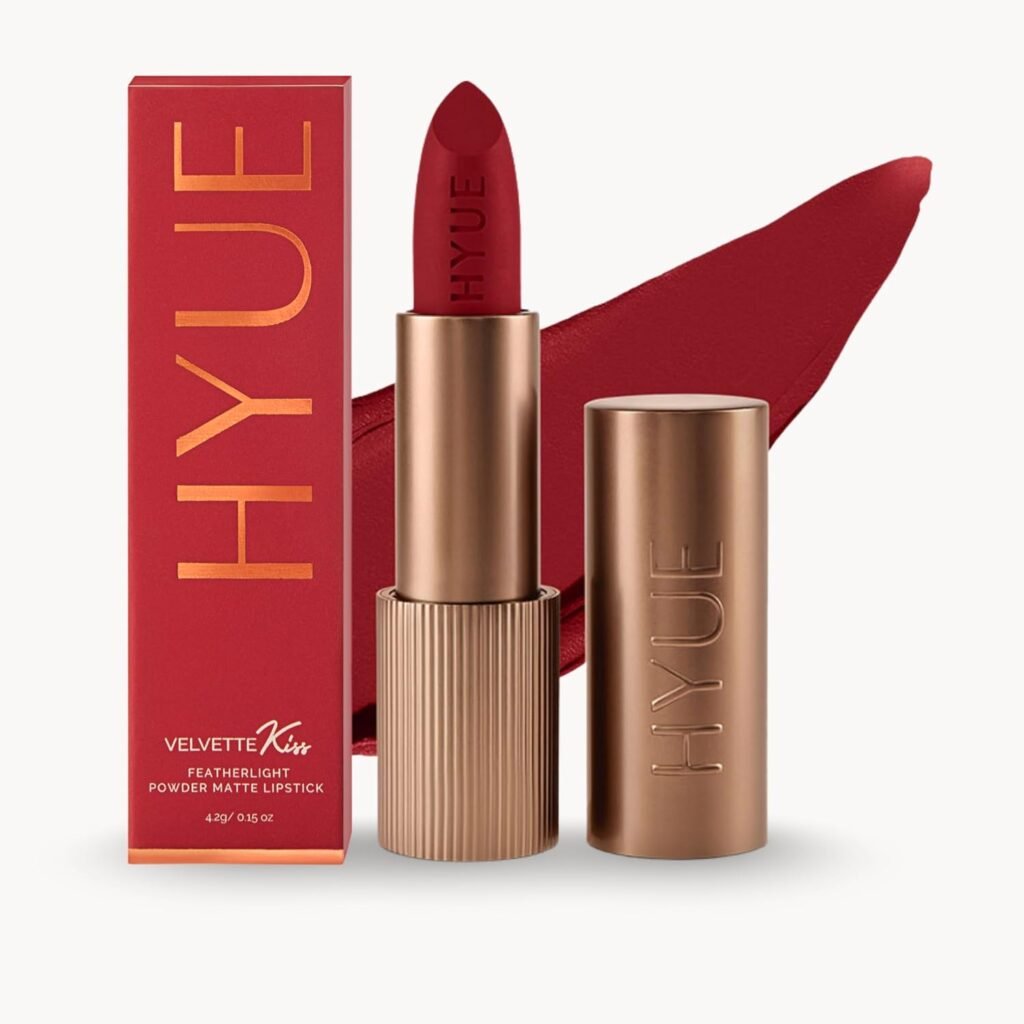 HYUE Velvette Kiss Matte Bullet Lipstick | Scarlet Rouge | Feather Light & Powder Finish | Long-Wear Intense Color | with Jojoba, Almond & Gooseberry | Smudge-Proof, Travel-Friendly, Precision Tip HYUE Velvette Kiss Matte Bullet Lipstick | Scarlet Rouge | Feather Light & Powder Finish | Long-Wear Intense Color | with Jojoba, Almond & Gooseberry | Smudge-Proof, Travel-Friendly, Precision Tip