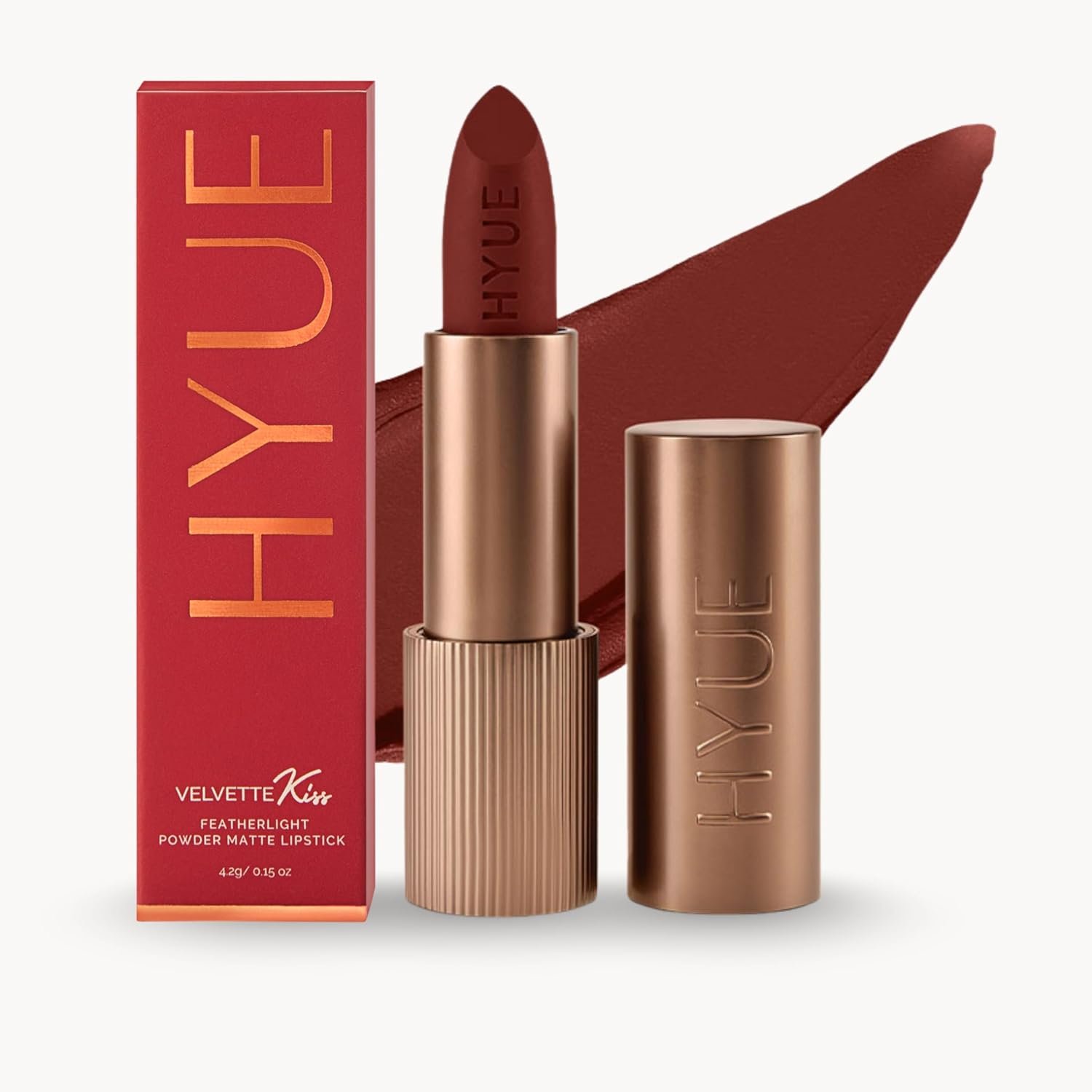 HYUE Velvette Kiss Matte Bullet Lipstick | Toasted Terra | Feather Light & Powder Finish | Long-Wear Intense Color | with Jojoba, Almond & Gooseberry | Smudge-Proof, Travel-Friendly, Precision Tip HYUE Velvette Kiss Matte Bullet Lipstick | Toasted Terra | Feather Light & Powder Finish | Long-Wear Intense Color | with Jojoba, Almond & Gooseberry | Smudge-Proof, Travel-Friendly, Precision Tip