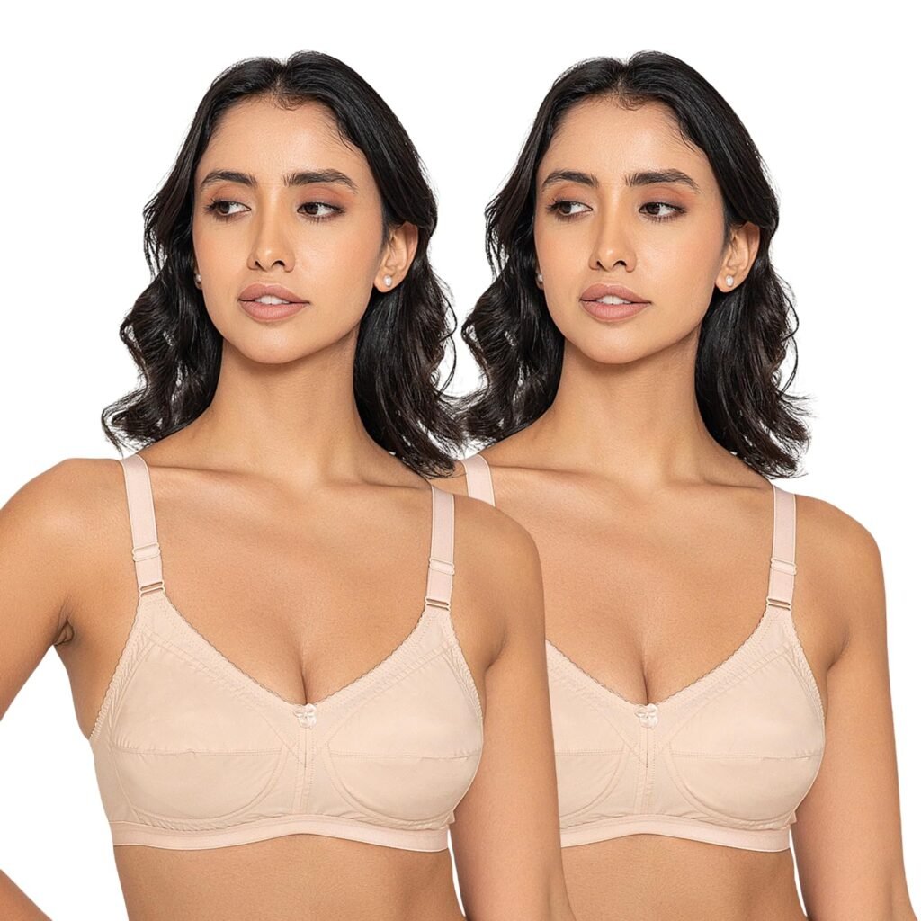 INKURV Women’s Cotton Full Coverage Bra| Non-Padded Wire-Free| Soft, Breathable & Comfortable| High Support Seamed Cups for Natural Lift-Zyra Combo of 2