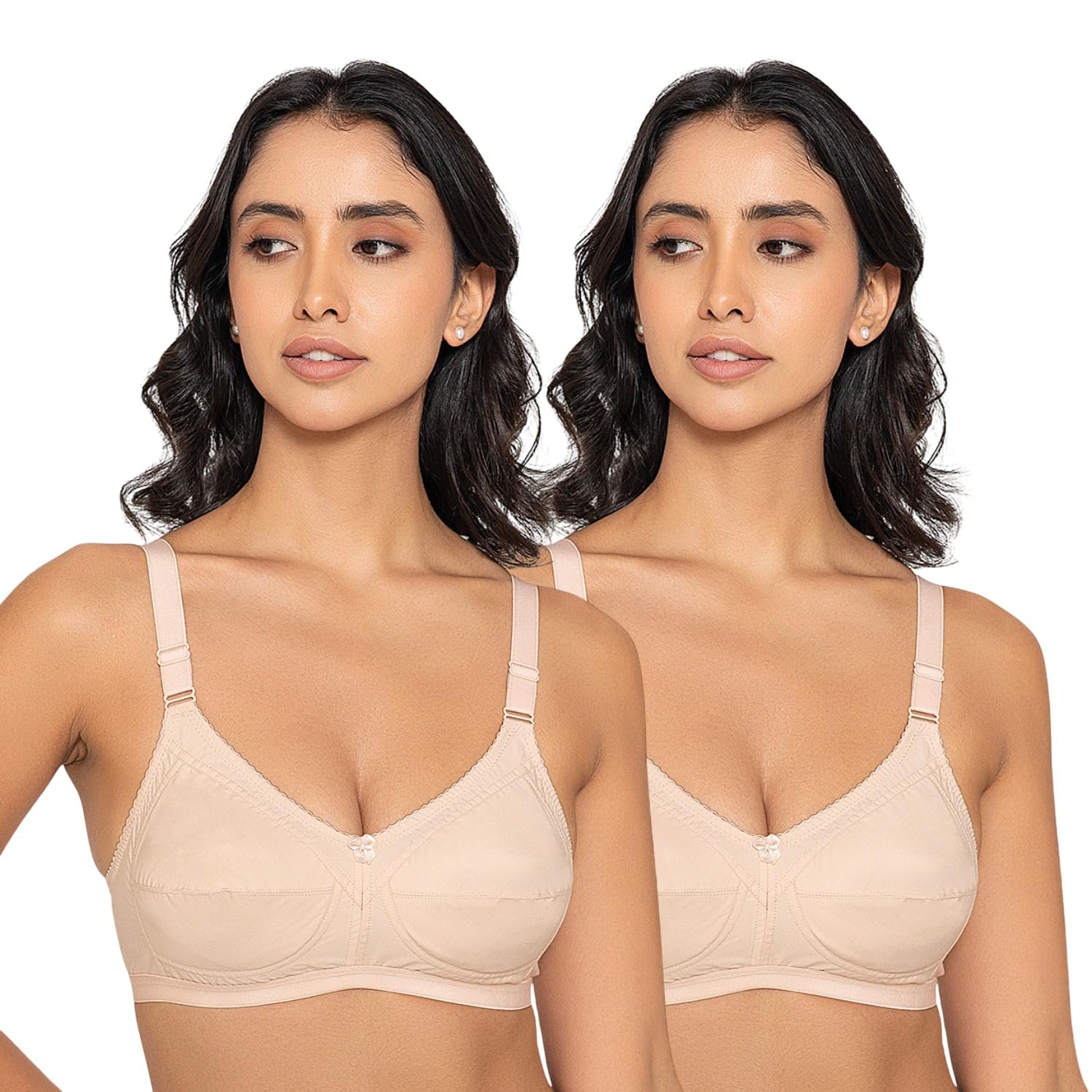 INKURV Women’s Cotton Full Coverage Bra| Non-Padded Wire-Free| Soft, Breathable & Comfortable| High Support Seamed Cups for Natural Lift-Zyra Combo of 2