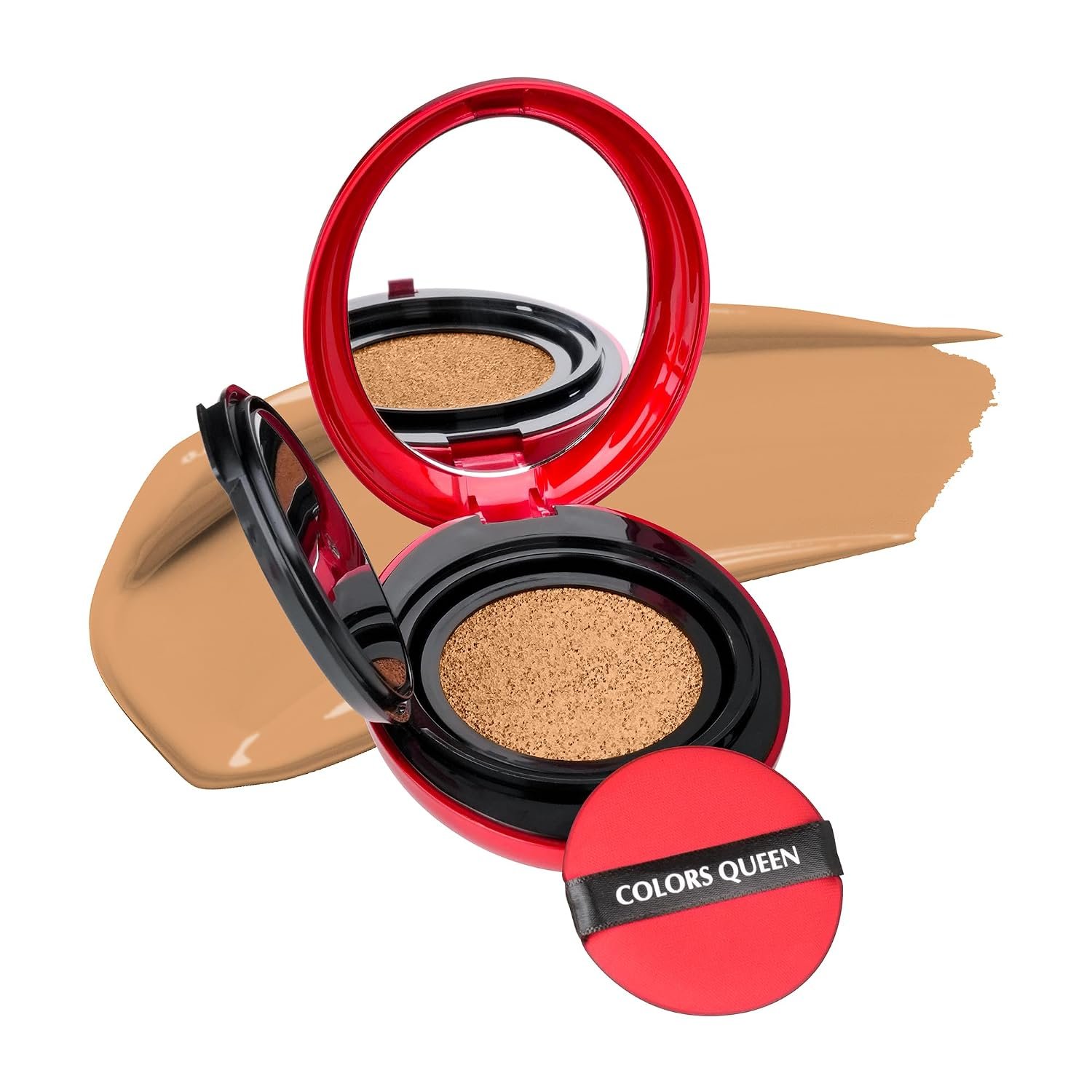 Colors Queen Red Cushion Foundation | Ultra-Light Weight Formula | Satin Glow Finish with Full Coverage | Nourishing & Hydrating | 72 Hours Long Lasting Cushion Foundation for Women | Suitable for All Skin (04 – Honey Silk, 18g)