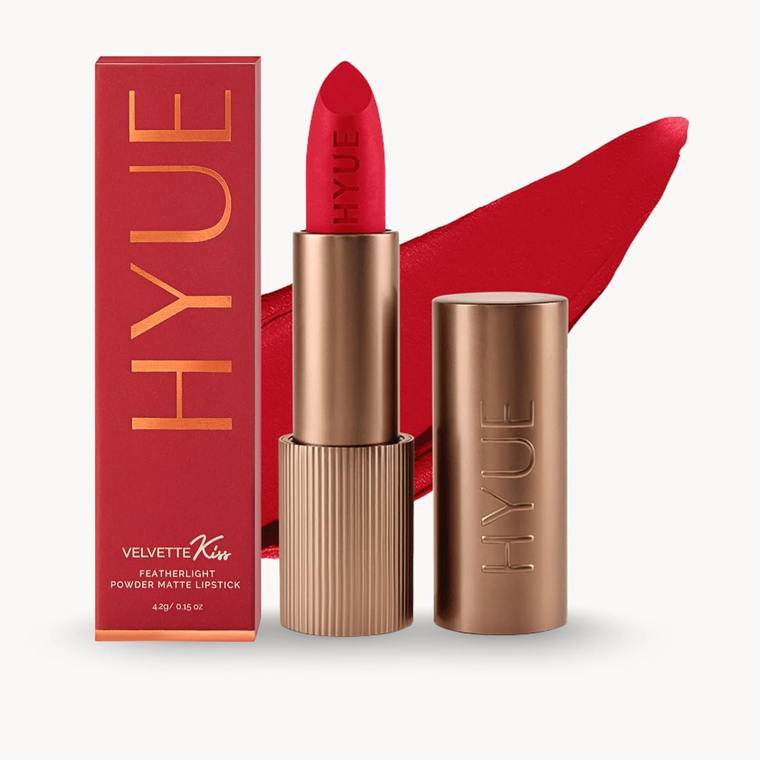 HYUE Velvette Kiss Matte Bullet Lipstick | Red Hot Riot | Feather Light & Powder Finish | Long-Wear Intense Color | with Jojoba, Almond & Gooseberry | Smudge-Proof, Travel-Friendly, Precision Tip