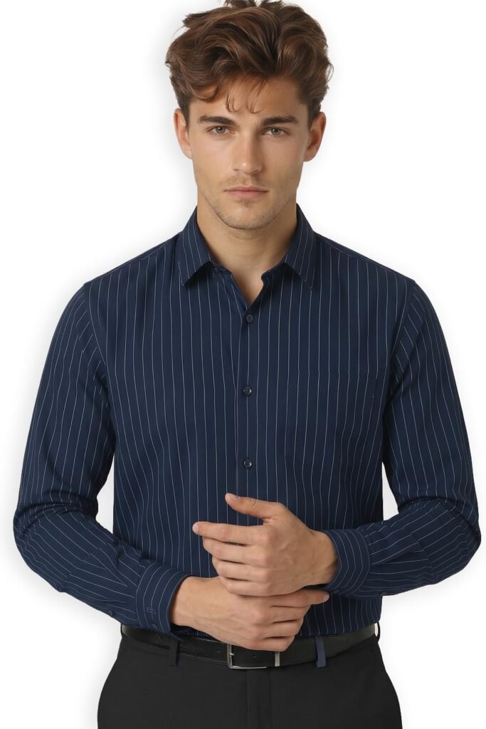 Peter England Men’s Slim Fit Full Sleeve Striped Formal Shirt | Cotton Rich | Wonder Fabric | Pin Point Oxford