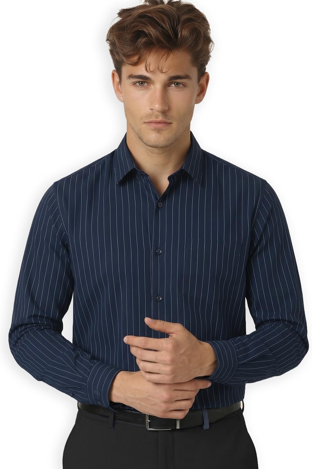 Peter England Men’s Slim Fit Full Sleeve Striped Formal Shirt | Cotton Rich | Wonder Fabric | Pin Point Oxford