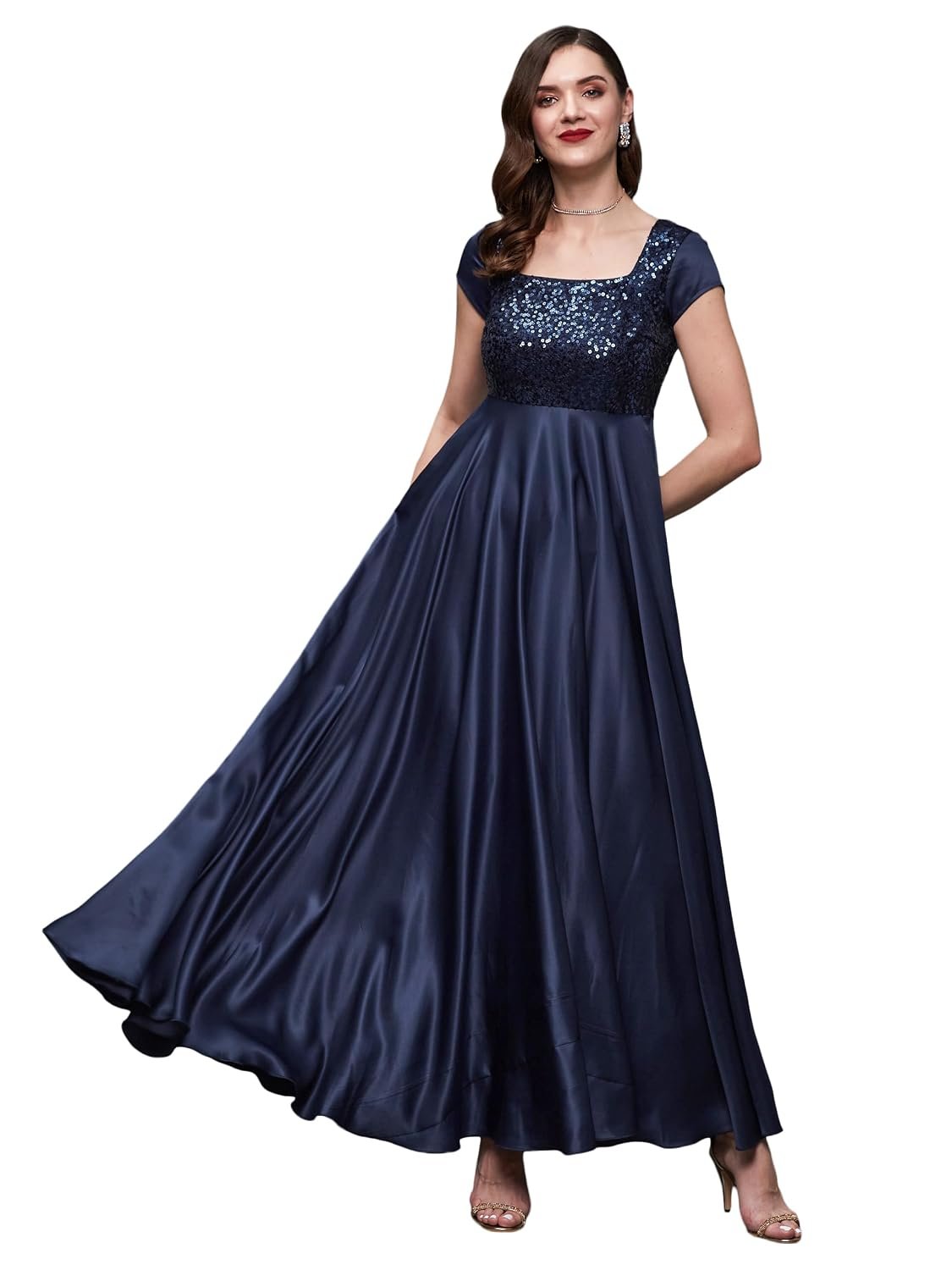 Miss Chase Women’s Halter-Neck Cap-Sleeve Pleated Embellished Georgette Maxi Dress