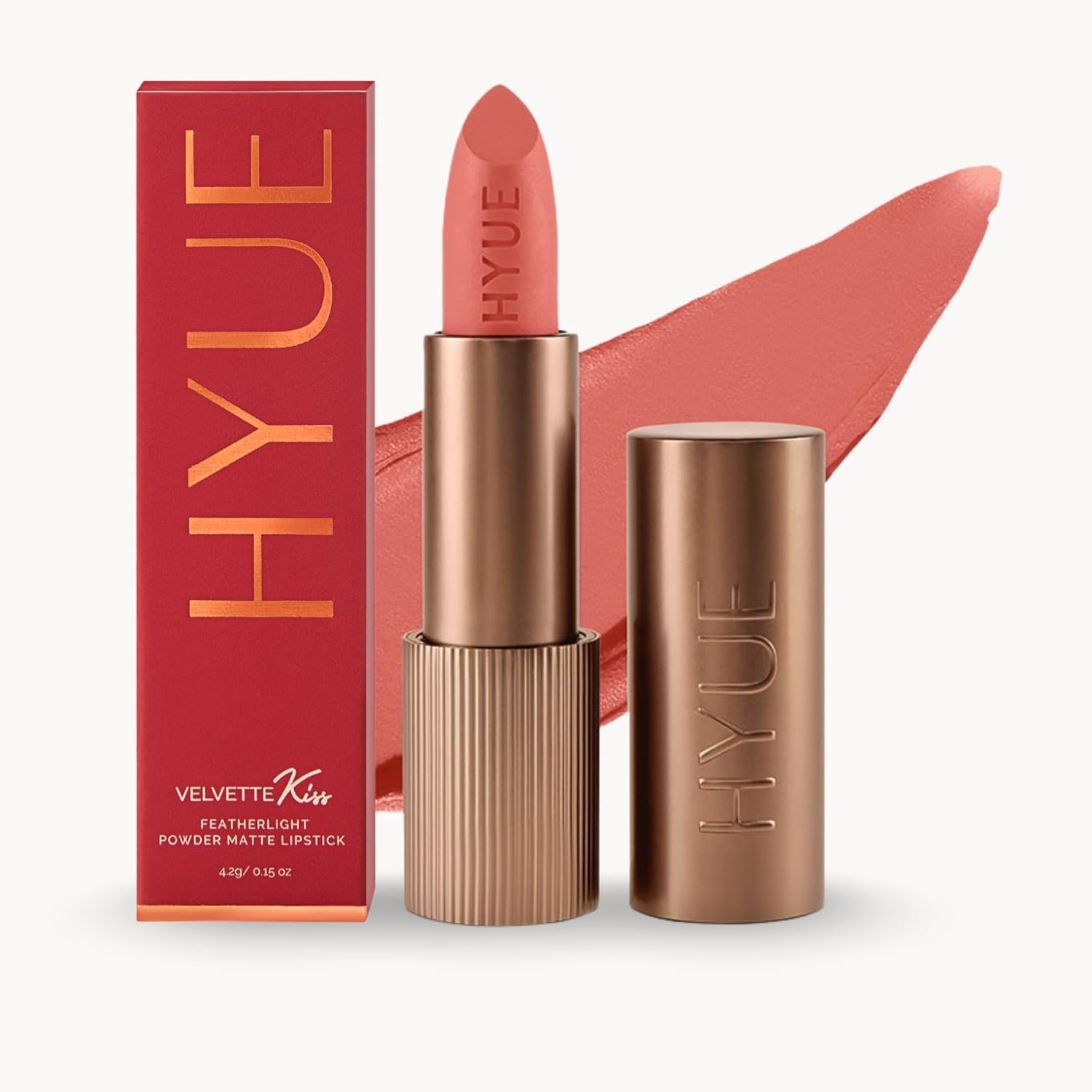 HYUE Velvette Kiss Matte Bullet Lipstick | Peach Please | Feather Light & Powder Finish | Long-Wear Intense Color | with Jojoba, Almond & Gooseberry | Smudge-Proof, Travel-Friendly, Precision Tip HYUE Velvette Kiss Matte Bullet Lipstick | Peach Please | Feather Light & Powder Finish | Long-Wear Intense Color | with Jojoba, Almond & Gooseberry | Smudge-Proof, Travel-Friendly, Precision Tip