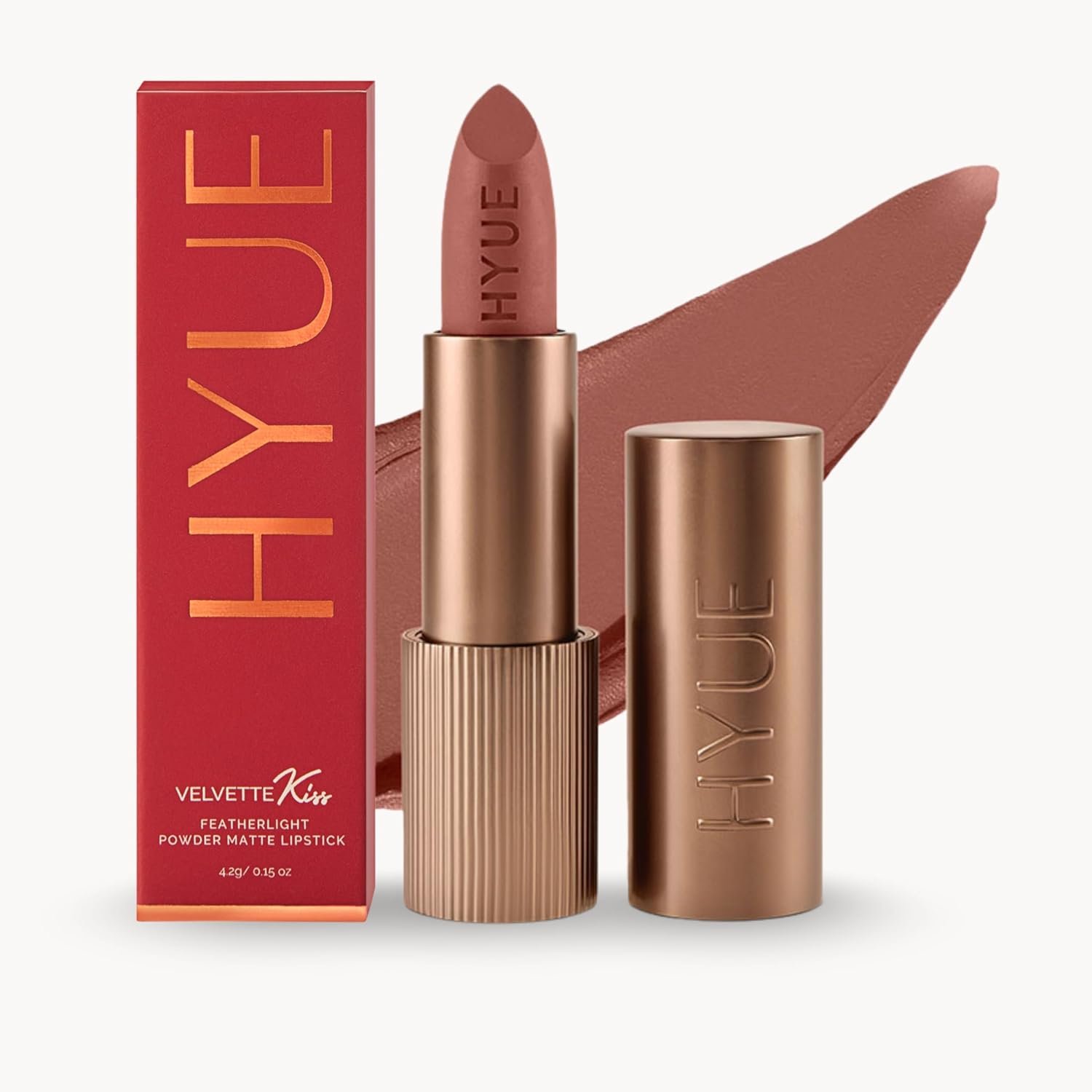 HYUE Velvette Kiss Matte Bullet Lipstick | Biscotti Naughtie | Feather Light & Powder Finish | Long-Wear Intense Color | with Jojoba, Almond & Gooseberry | Smudge-Proof, Travel-Friendly, Precision Tip
