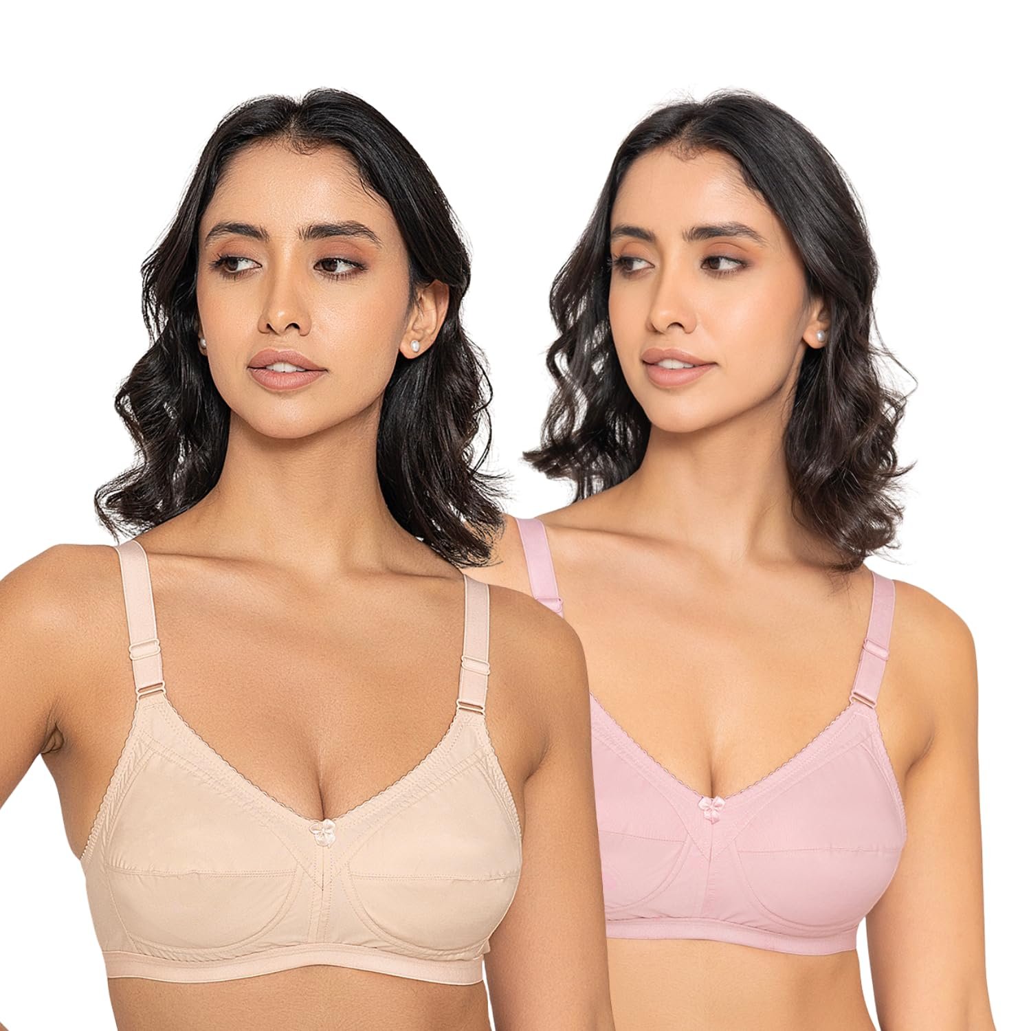 INKURV Women’s Cotton Full Coverage Bra| Non-Padded Wire-Free| Soft, Breathable & Comfortable| High Support Seamed Cups for Natural Lift-Zyra Combo of 2