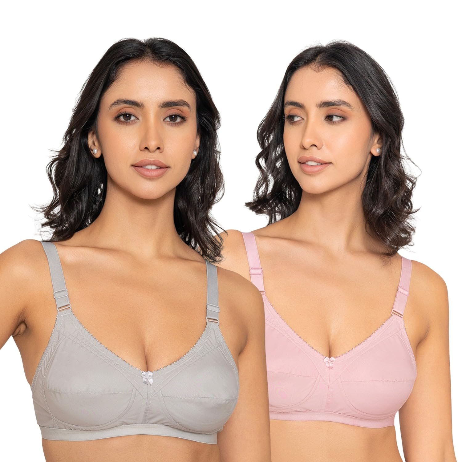 INKURV Women’s Cotton Full Coverage Bra| Non-Padded Wire-Free| Soft, Breathable & Comfortable| High Support Seamed Cups for Natural Lift-Zyra Combo of 2