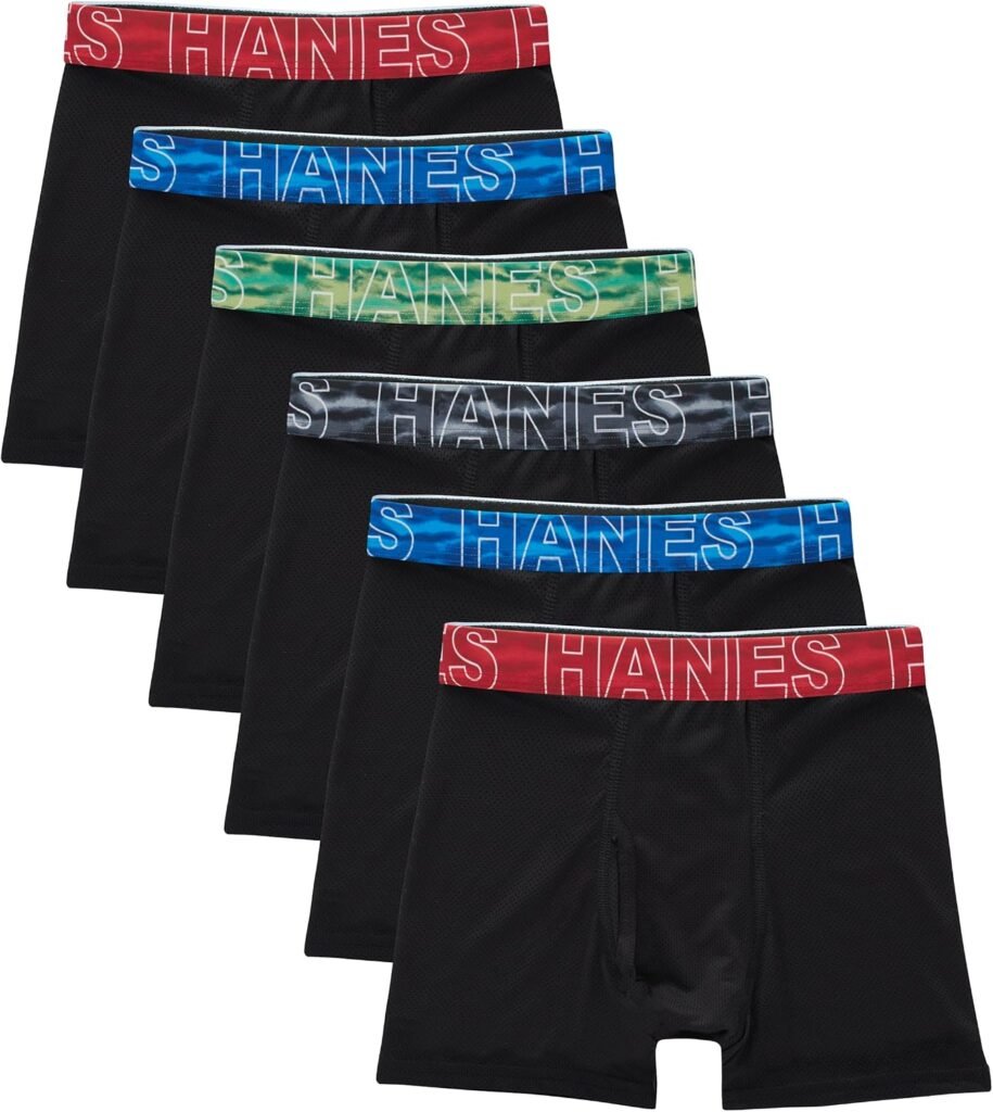 Hanes Boys’ Moves Performance Underwear Boxer Brief, 6-pack, All Over Mesh Moisture Wicking Boxer Briefs