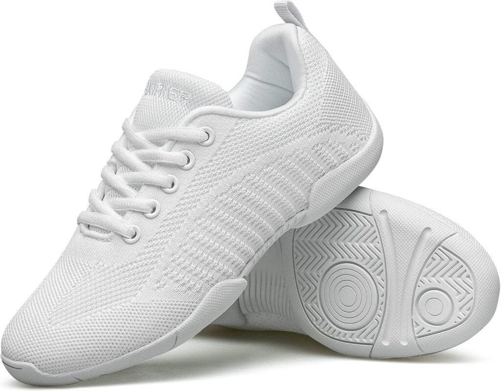 BAXINIER Girls White Cheer Shoes Lightweight Youth Cheerleading Sneakers Featuring Slip-Resistant Grip, Flexible Cushioning, and Arch Support for Dance and Training