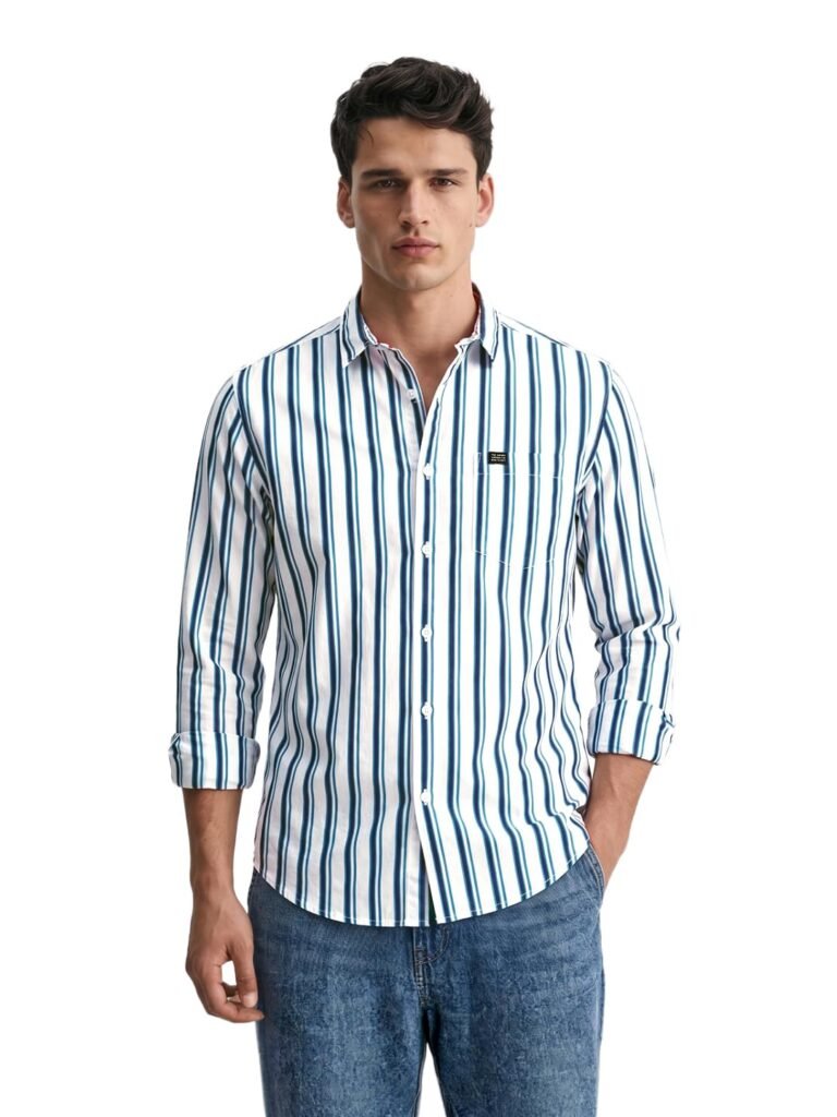 Indian Garage Men’s Slim Fit Casual Striped Cotton Shirt Features Cutaway Collar, Full Sleeves, one Patch Pocket, Regular Length, Curved Hem and Button Closure.