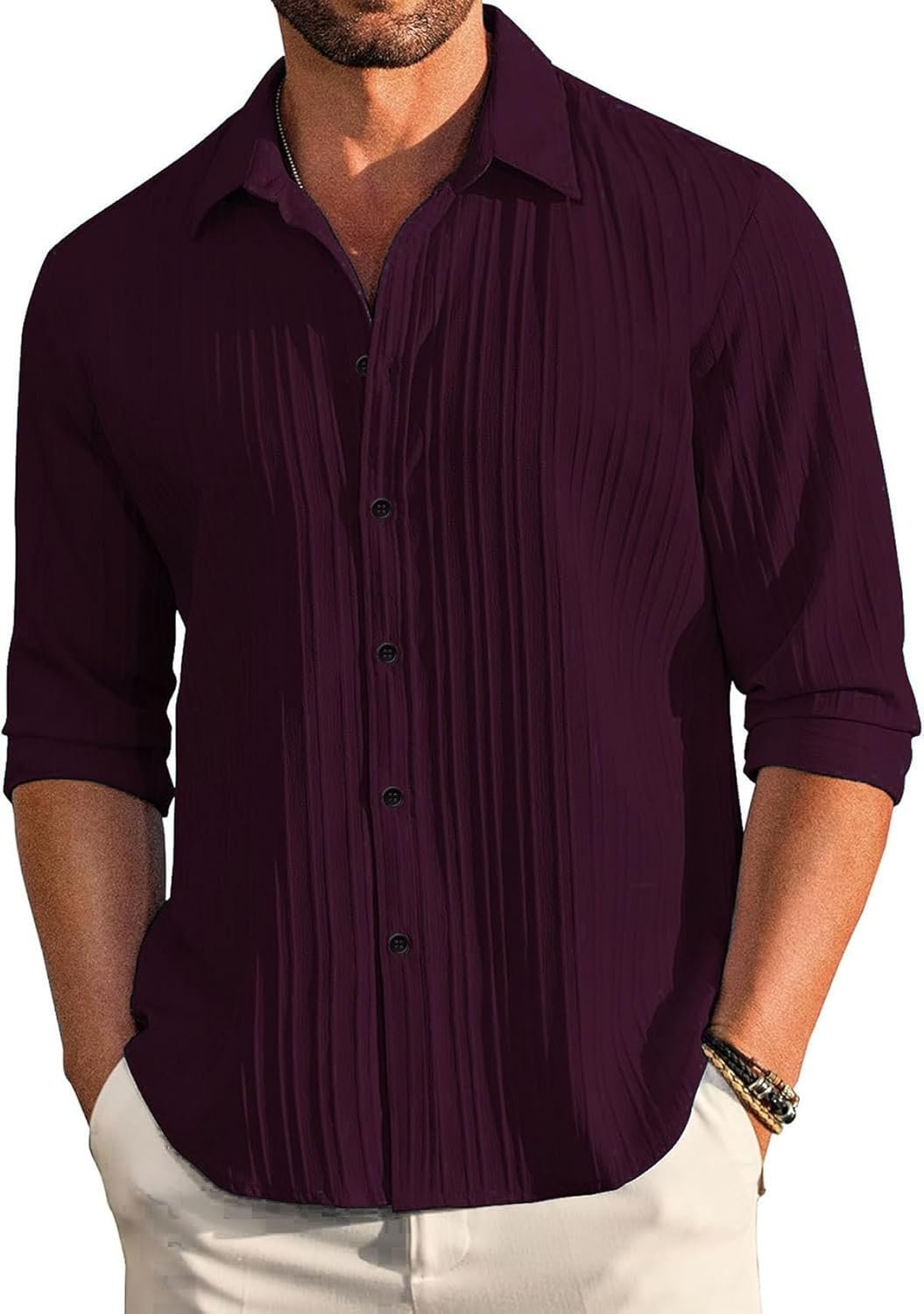 DEELMO Men’s Casual Button Down Shirts Long Sleeve Linen Regular Fit Shirt Fashion Textured Beach Summer Shirt