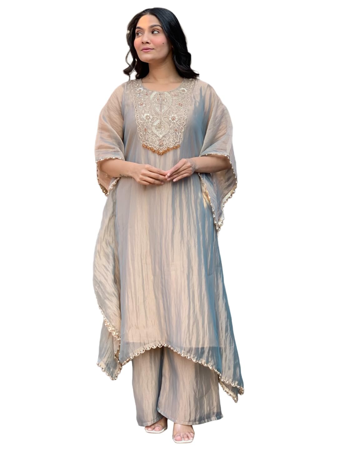 GoSriKi Women Salsa A-Line Kurta with Palazzo | Embroidered Kurta Set for Women | Round Neck A-Line Ethnic Kurta Palazzo Outfit for Casual Festive & Party