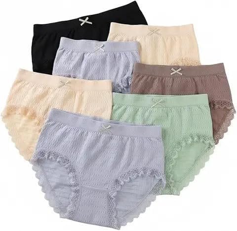 LOURYN KOULYN® Women’s High-Waist Lace Trim Panty Set (Pack of 3) Soft Cotton Blend Briefs with Bow Detail –Breathable & Comfortable Underwear for Women (Malticolour)