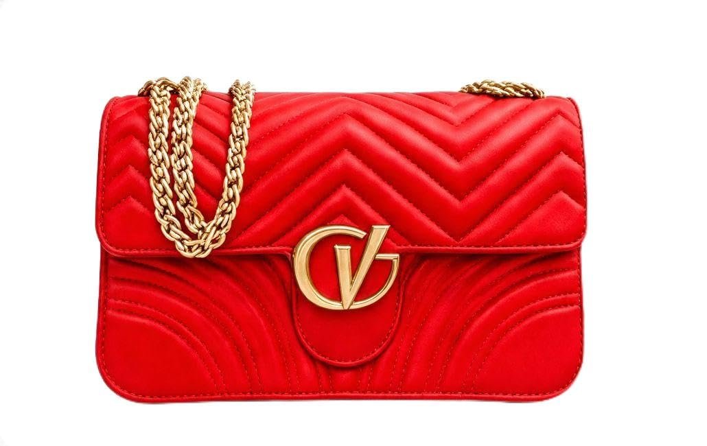 VC Quilted Chevron Black Crossbody Bag with Gold Chain Strap
