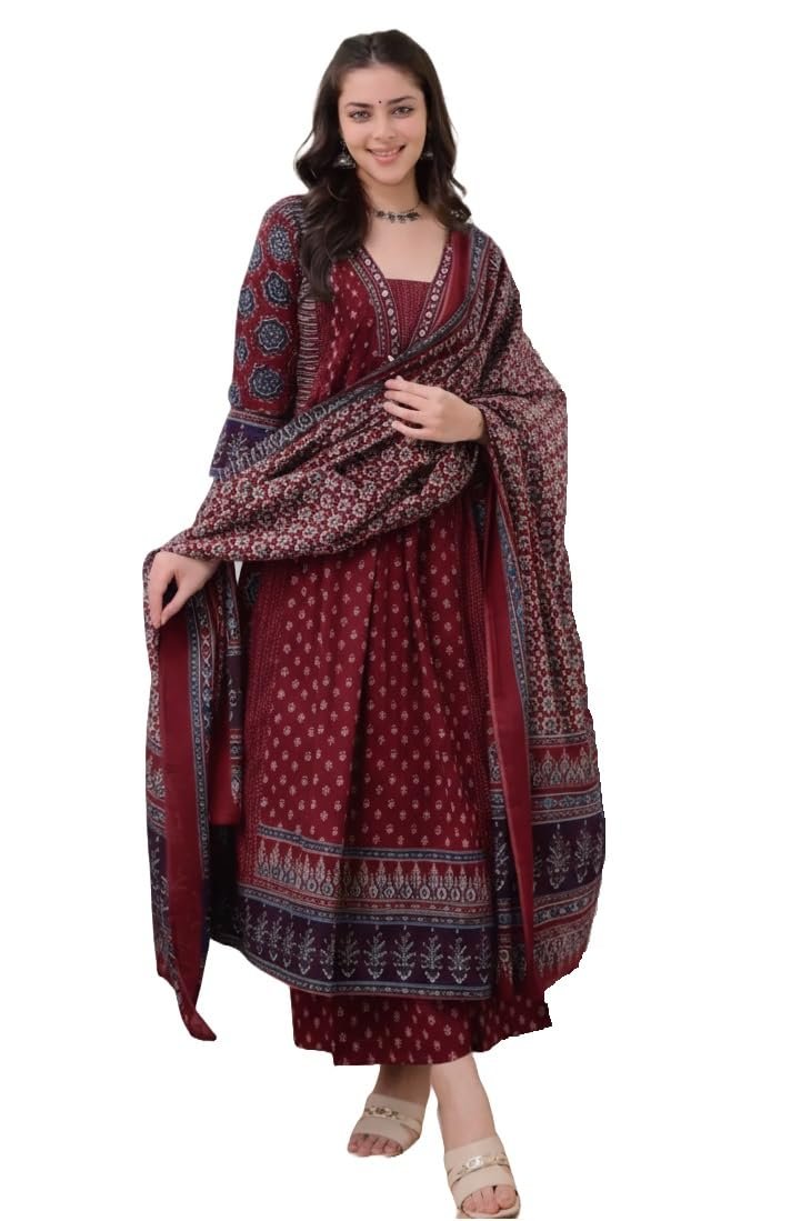 KLOSIA Women’s Rayon Printed Anarkali Kurta and Pant with Dupatta Set KLOSIA Women’s Rayon Printed Anarkali Kurta and Pant with Dupatta Set