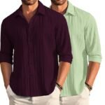DEELMO Combo of Men’s Casual Button Down Shirts Long Sleeve Linen Shirt Fashion Textured Summer Shirts Pack of 2