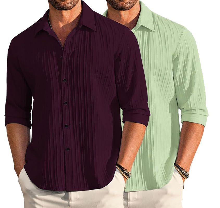 DEELMO Combo of Men’s Casual Button Down Shirts Long Sleeve Linen Shirt Fashion Textured Summer Shirts Pack of 2 DEELMO Combo of Men’s Casual Button Down Shirts Long Sleeve Linen Shirt Fashion Textured Summer Shirts Pack of 2