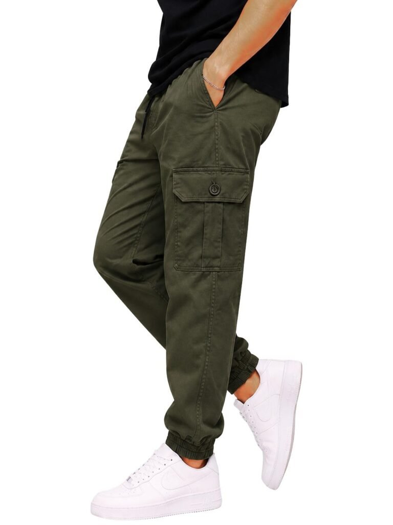 Men’s Cotton Cargo Pants | Cargo Trousers with Flap Buttoned Pocket | Elastic Waist Drawstring Casual Cargo Pants | Regular Fit Outdoor Travel Streetwear Bottom Wear