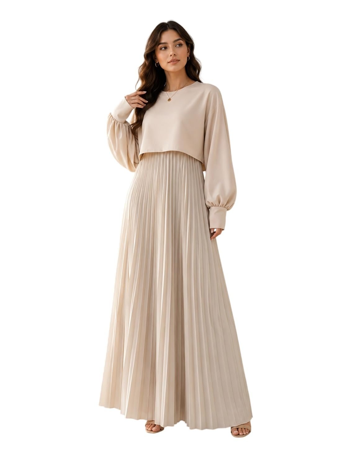 LITZO Women’s One Piece Dress – Georgette Solid Color Western Gown | Long Sleeve Round Neck Fit & Flare Flared Hem Design | A-Line Maxi Dress for Women | New Year Party Outfit (NO-17-18)