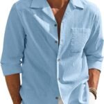 Men’s Casual Cotton Blend Shirt || Long Sleeve Button Down with Spread Collar || Lightweight Breathable Fabric || Stylish Solid Color Shirt for Beach, Office & Everyday Wear