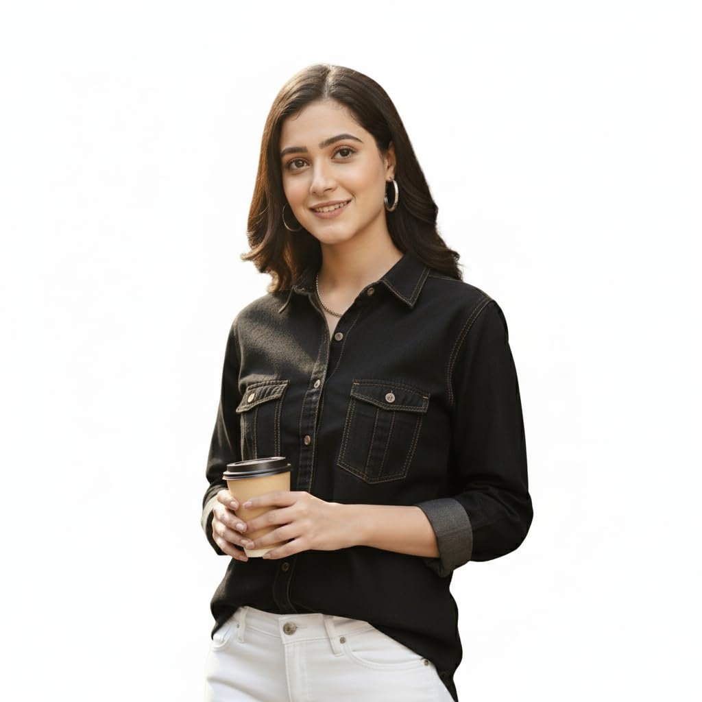 Women’s Denim Shirt with Regular Fit Solid Pattern Long Sleeve Collared Neck and Button Down Closure|Women’s Denim Shirt