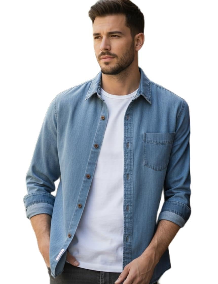 Men’s Denim Shirt, Long Sleeve Button Down Casual Shirt with Chest Pocket