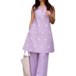 ANNI Designer Kurta Set for Women Cotton Blend Embroidered | Kurti Set for Woman | Farshi Salwar Suit Kurta Palazzo Outfit | Round Neck V Slit Sleeveless Regular Fit Ethnic Dress Stylish Clothing