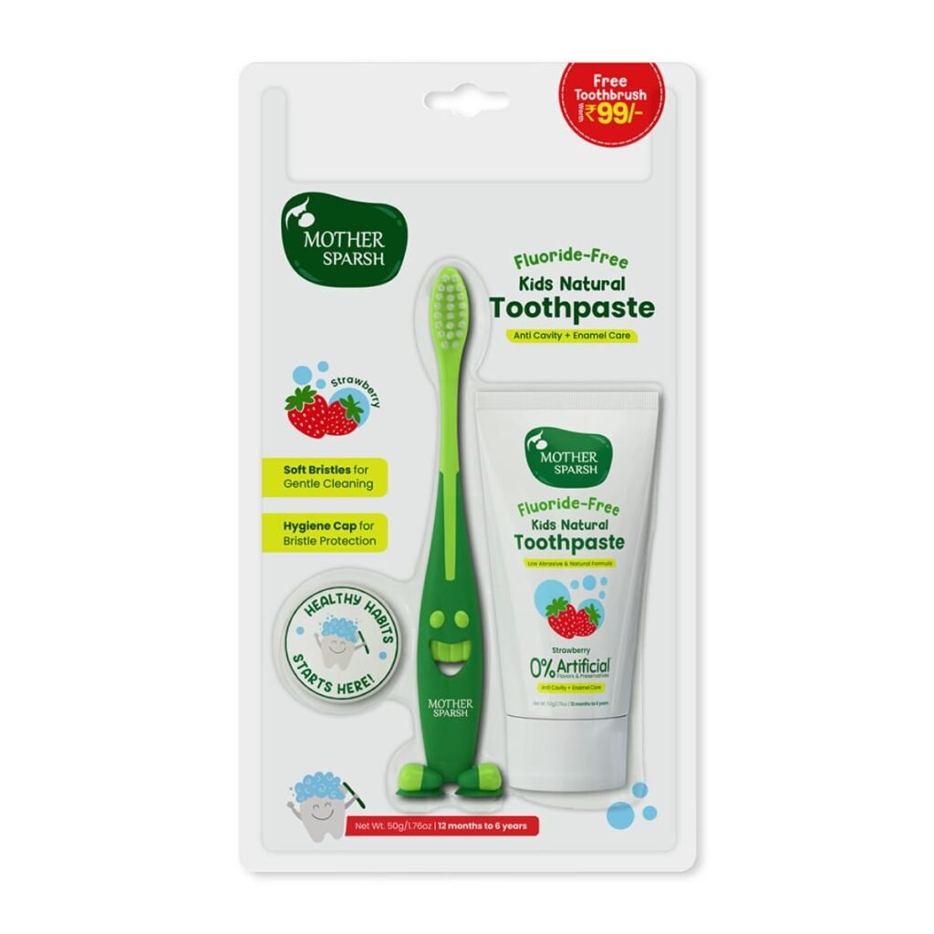 Mother Sparsh Natural Toothpaste for Kids-50g, Strawberry (With Free Toothbrush) | Strengthens Gums, Whitens Teeth | Preservative & Fluoride Free Baby Toothpaste | Anti Cavity + Enamel Care Mother Sparsh Natural Toothpaste for Kids-50g, Strawberry (With Free Toothbrush) | Strengthens Gums, Whitens Teeth | Preservative & Fluoride Free Baby Toothpaste | Anti Cavity + Enamel Care