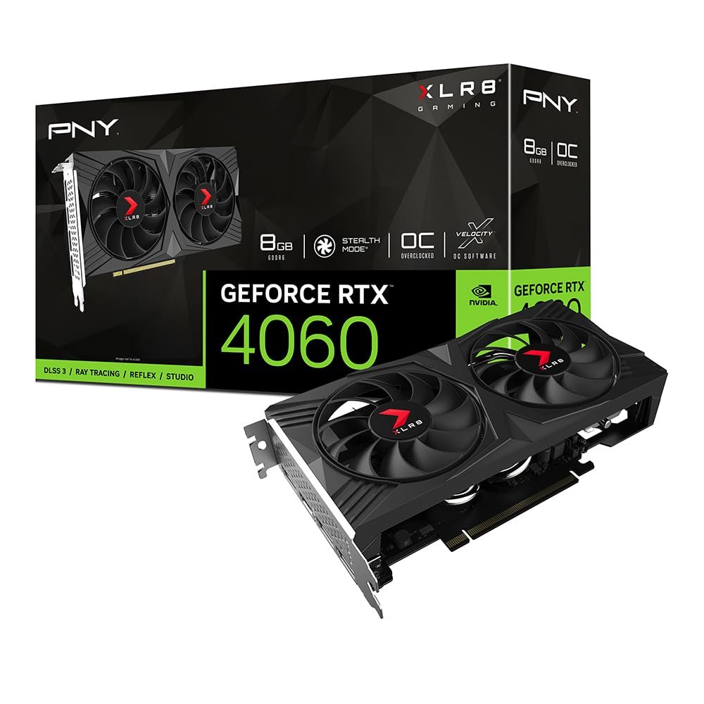 PNY GeForce RTX™ 4060 8GB XLR8 Gaming Verto™ Dual Fan OC Graphics Card DLSS 3 (128-bit, PCIe 4.0, GDDR6, HDMI/DisplayPort, Supports 4k, 2 Slot) PNY GeForce RTX™ 4060 8GB XLR8 Gaming Verto™ Dual Fan OC Graphics Card DLSS 3 (128-bit, PCIe 4.0, GDDR6, HDMI/DisplayPort, Supports 4k, 2 Slot)