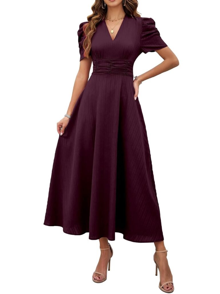 Shasmi Girl’s & Women’s Solid Color V-Neck A-Line Maxi Dress for Women | New Year Party Outfit | Waist Cinched Puff Sleeve Western | Elegant Casual Wear (Dress 246)