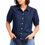 Vogaan Denim Women Shirt Classic Indigo Button-Down Shirt with Minimal Bow Detail, Relaxed Fit for Everyday Casual Elegance and Timeless Style Demin Top