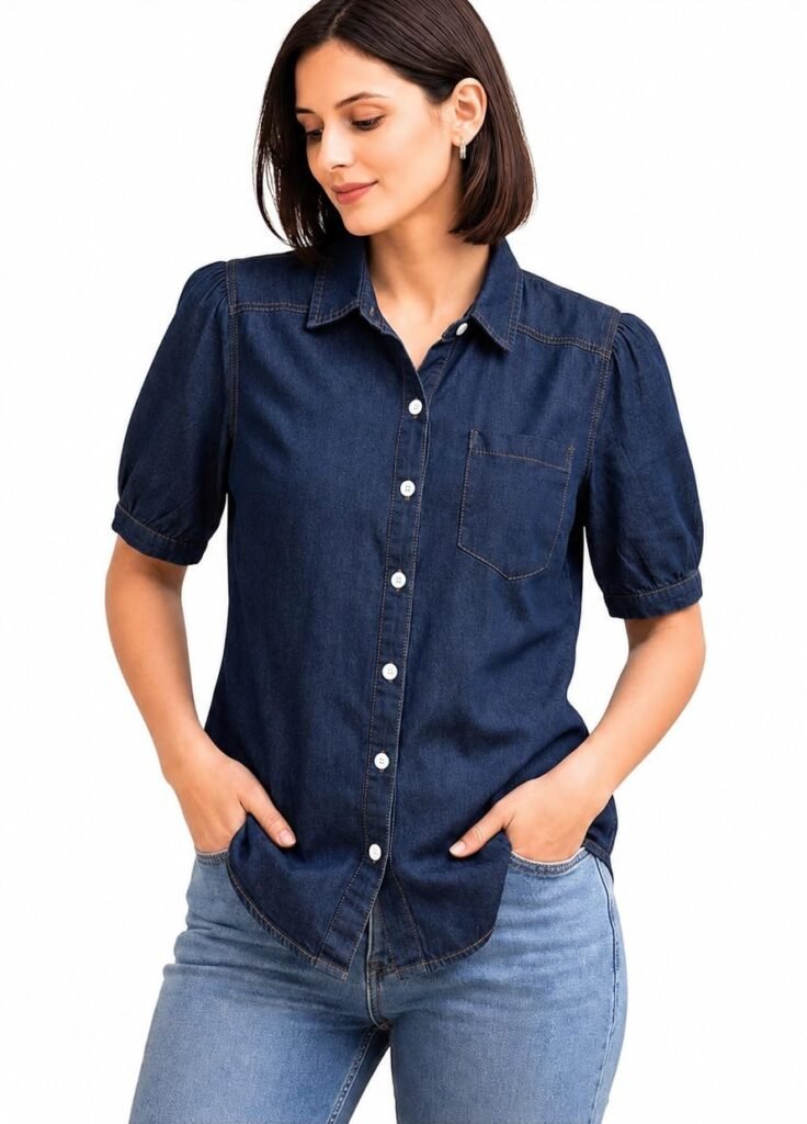 Vogaan Denim Women Shirt Classic Indigo Button-Down Shirt with Minimal Bow Detail, Relaxed Fit for Everyday Casual Elegance and Timeless Style Demin Top