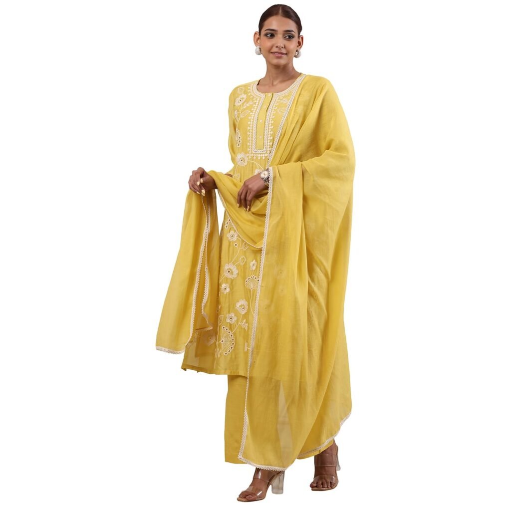 BIBA Solid Viscose Straight Semi-Formal Kurta With Palazzo and Dupatta