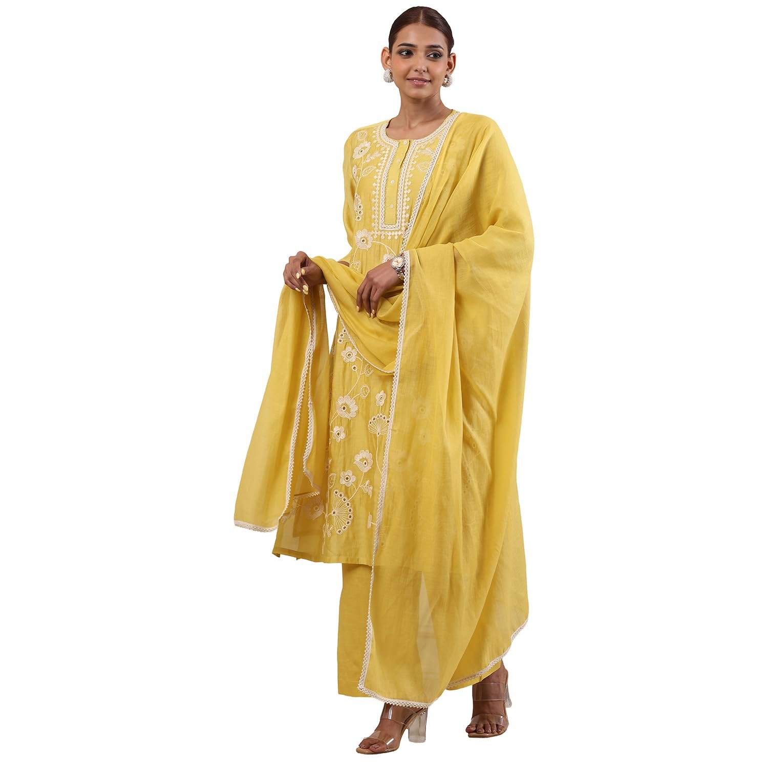BIBA Solid Viscose Straight Semi-Formal Kurta With Palazzo and Dupatta