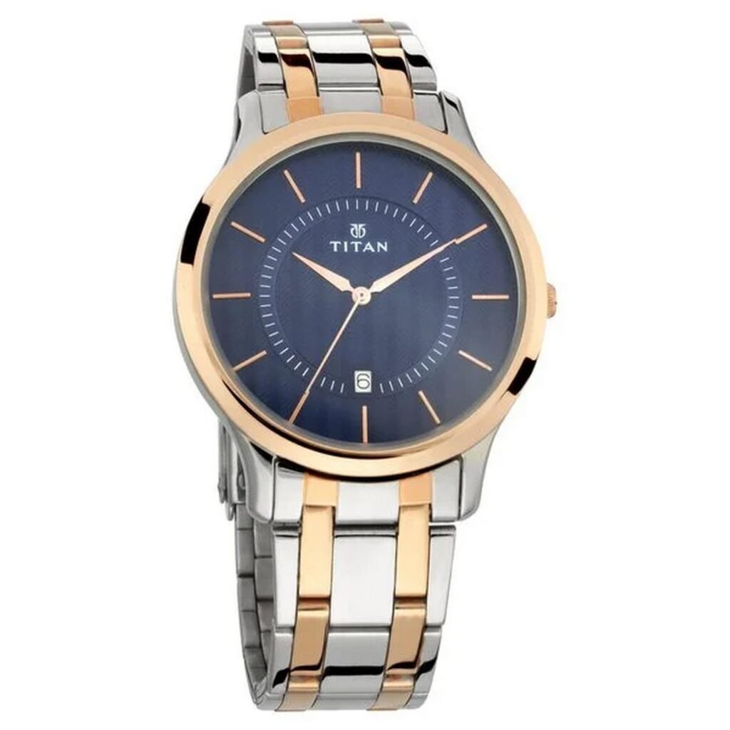 Titan Karishma Quartz Analog With Date Blue Dial Two Toned Silver & Rose Gold Stainless Steel Strap Watch for Men – NT1825KM01