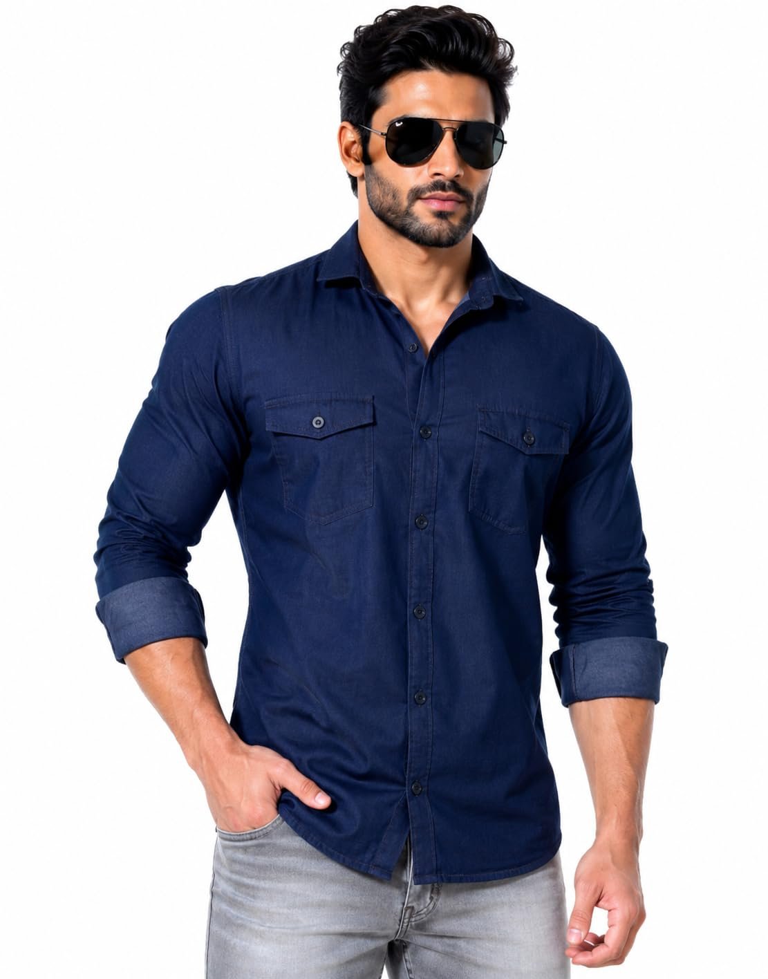 Pocket Full Sleeve Casual Denim Shirt for Men | Regular Fit Stylish Solid Blue Shirt | Button Down | Casual