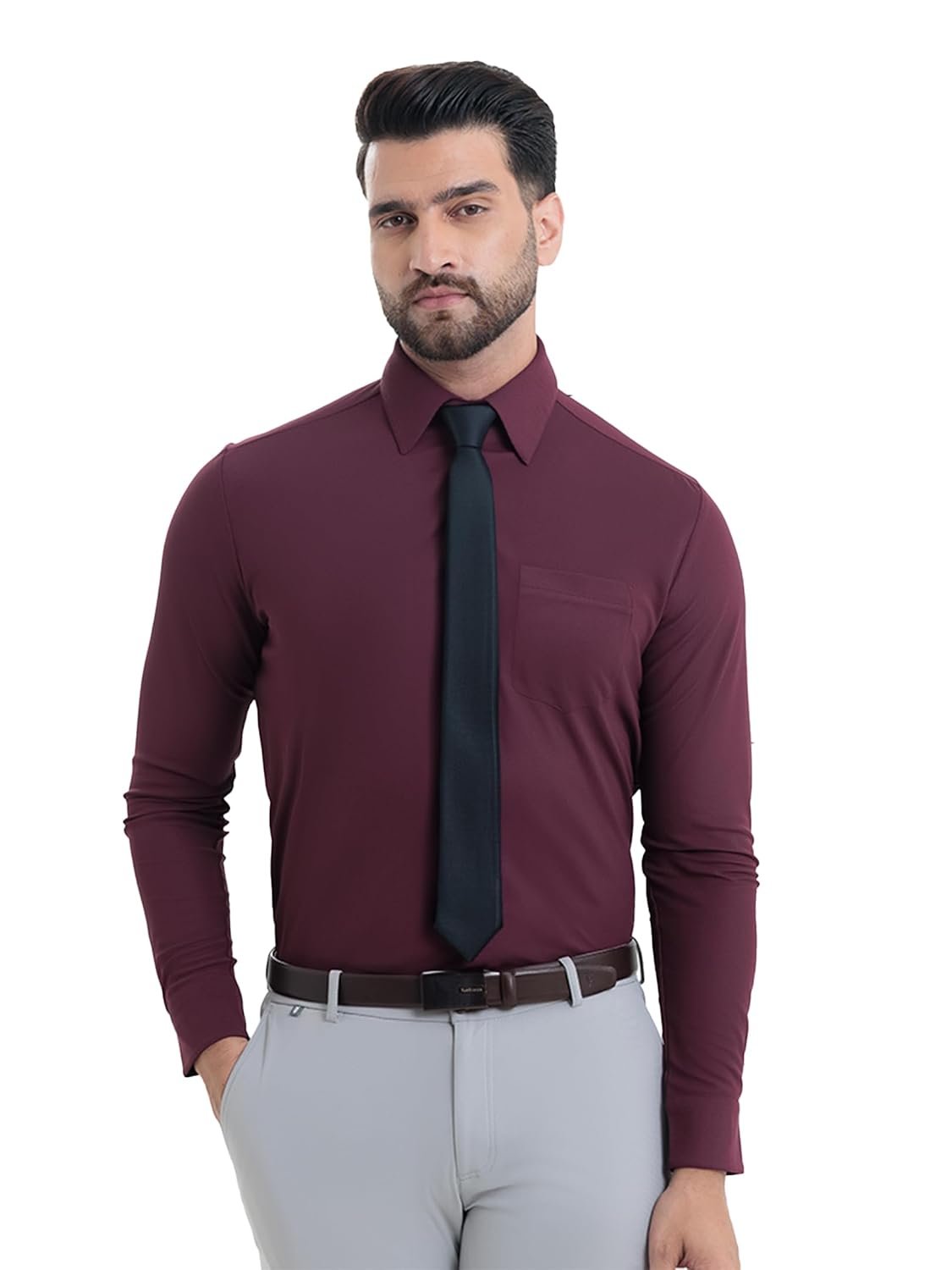 Workday Shirt with Tie Collar for Men |Long Sleeve| Regular Fit| Superior Stretch| Wrinkle Free| Shape Retention| Detachable Collar Bone| Anti-Viral Finish| UPF 50+