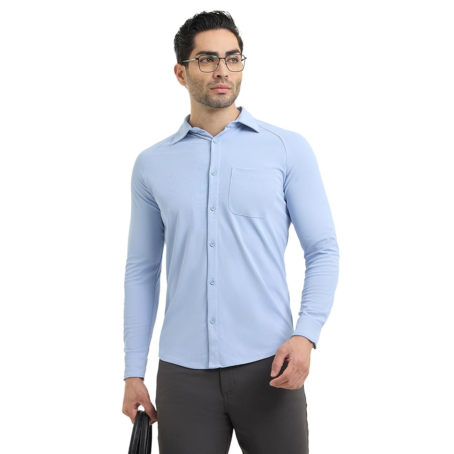 Workday Shirt for Men Long Raglan Sleeve Regular Fit Superior Stretch Wrinkle Free Shape Retention Quick Dry Anti-Viral Finish UPF 50+