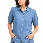 Vogaan Denim Women Shirt Classic Indigo Button-Down Shirt with Minimal Bow Detail, Relaxed Fit for Everyday Casual Elegance and Timeless Style Demin Top