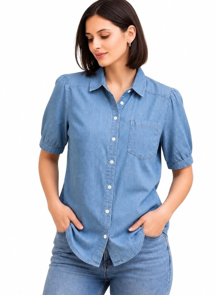 Vogaan Denim Women Shirt Classic Indigo Button-Down Shirt with Minimal Bow Detail, Relaxed Fit for Everyday Casual Elegance and Timeless Style Demin Top Vogaan Denim Women Shirt Classic Indigo Button-Down Shirt with Minimal Bow Detail, Relaxed Fit for Everyday Casual Elegance and Timeless Style Demin Top