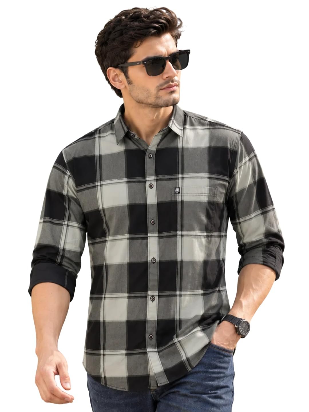 Majestic Man Stylish Slim Fit Cotton Spread Collar Checked Casual Shirt