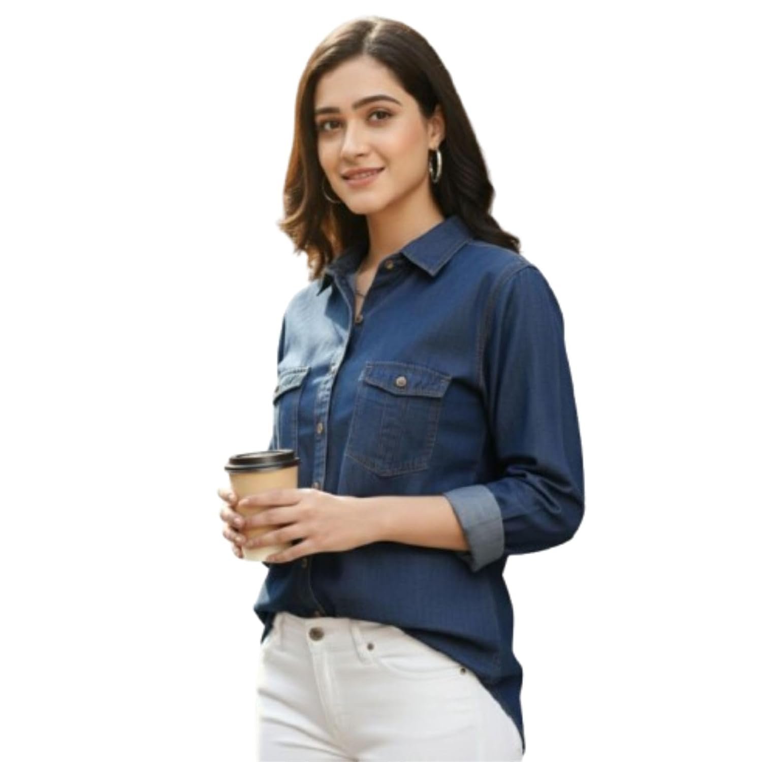 Women’s Denim Shirt with Regular Fit Solid Pattern Long Sleeve Collared Neck and Button Down Closure|Women’s Denim Shirt