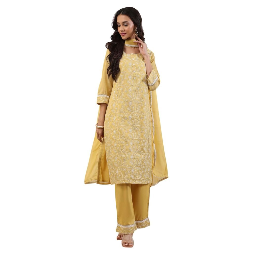 BIBA Dyed Zari Cotton Tissue Straight Festive Kurta With Palazzo and Dupatta BIBA Dyed Zari Cotton Tissue Straight Festive Kurta With Palazzo and Dupatta